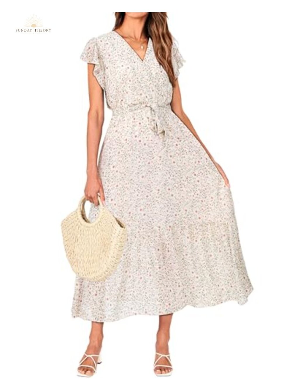 BTFBM Women V Neck Ruffle Cap Sleeve Belted Midi Dress